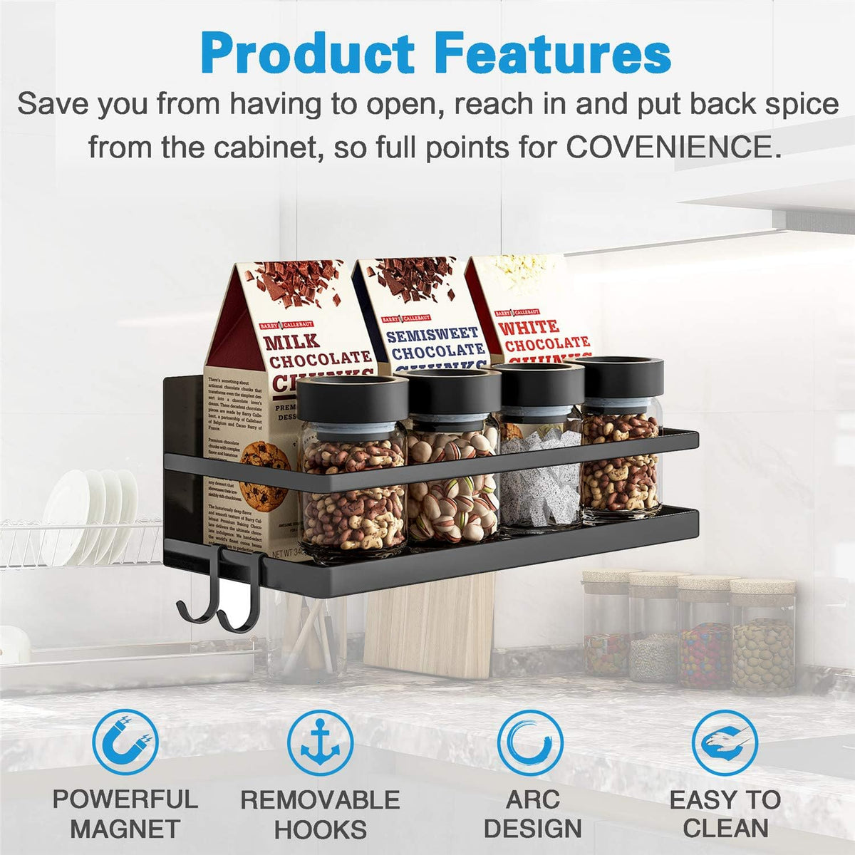 Magnetic Spice Rack, Strong Magnetic Shelf with 2 Removable Hooks, Perfect Space Saver for Small Kitchen/ Apartment, Awesome Metal Cabinet for Holding Spices, Jars, Salt (White, 2Pack)