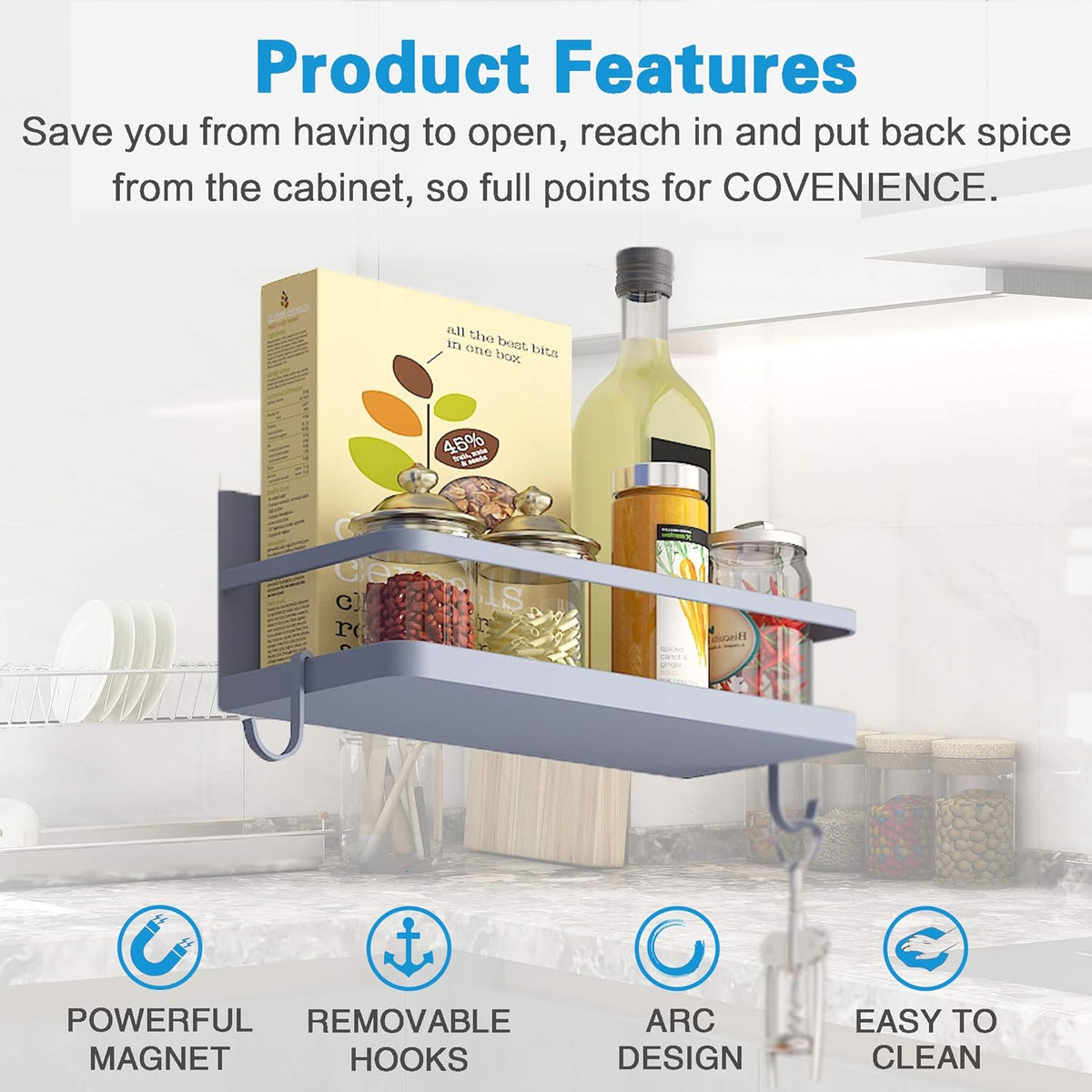Magnetic Spice Rack, Strong Magnetic Shelf with 2 Removable Hooks, Perfect Space Saver for Small Kitchen/ Apartment, Awesome Metal Cabinet for Holding Spices, Jars, Salt (White, 2Pack)