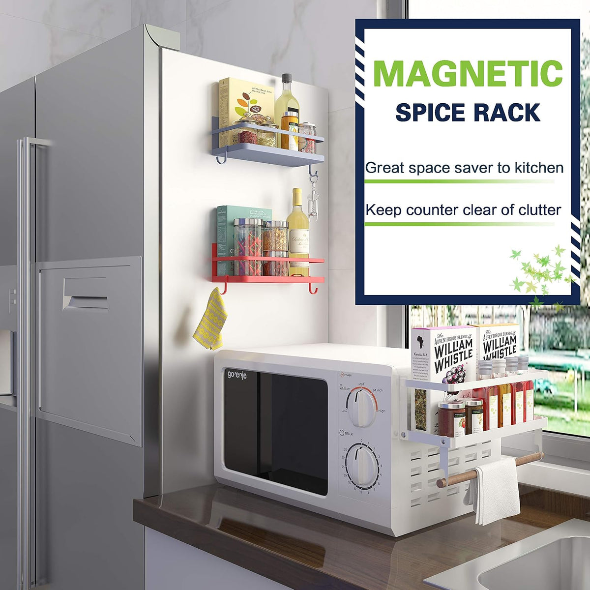 Magnetic Spice Rack, Strong Magnetic Shelf with 2 Removable Hooks, Perfect Space Saver for Small Kitchen/ Apartment, Awesome Metal Cabinet for Holding Spices, Jars, Salt (White, 2Pack)