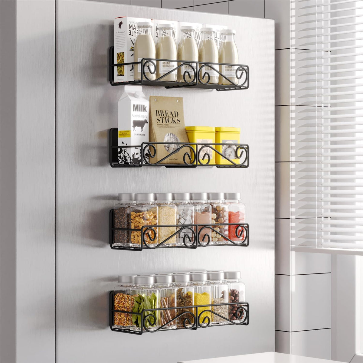 Magnetic Spice Rack, Strong Magnetic Shelf with 2 Removable Hooks, Perfect Space Saver for Small Kitchen/ Apartment, Awesome Metal Cabinet for Holding Spices, Jars, Salt (White, 2Pack)