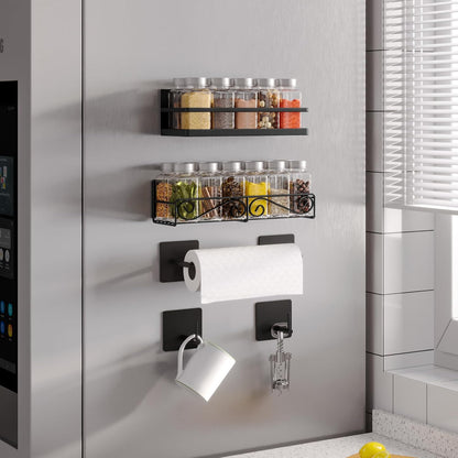 Magnetic Spice Rack, Strong Magnetic Shelf with 2 Removable Hooks, Perfect Space Saver for Small Kitchen/ Apartment, Awesome Metal Cabinet for Holding Spices, Jars, Salt (White, 2Pack)