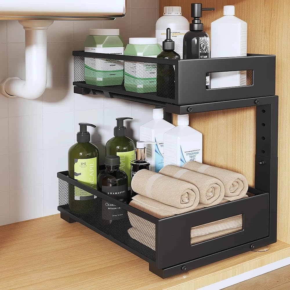 2-Tier Dual Pull Out Cabinet Organizer Drawers With Smooth Circular Rail, Large Capacity Metal Mesh Sliding Shelves For Bathroom& Kitchen Storage,Height Adjustable–White