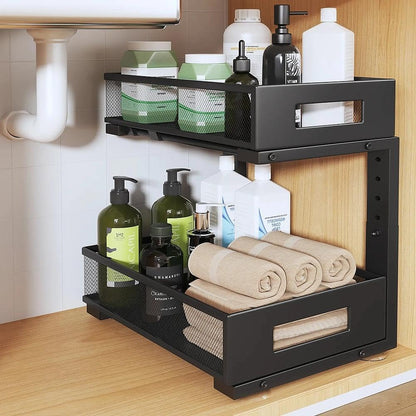 2-Tier Dual Pull Out Cabinet Organizer Drawers With Smooth Circular Rail, Large Capacity Metal Mesh Sliding Shelves For Bathroom& Kitchen Storage,Height Adjustable–White