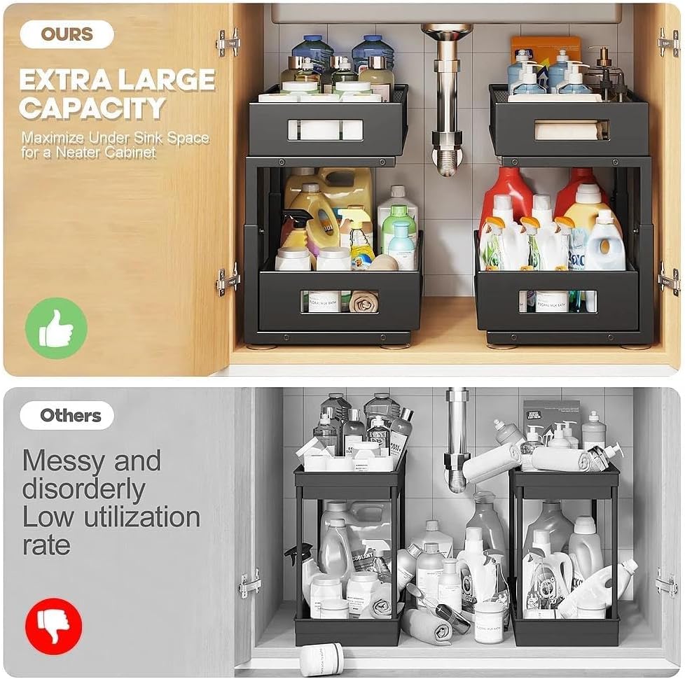 2-Tier Dual Pull Out Cabinet Organizer Drawers With Smooth Circular Rail, Large Capacity Metal Mesh Sliding Shelves For Bathroom& Kitchen Storage,Height Adjustable–White