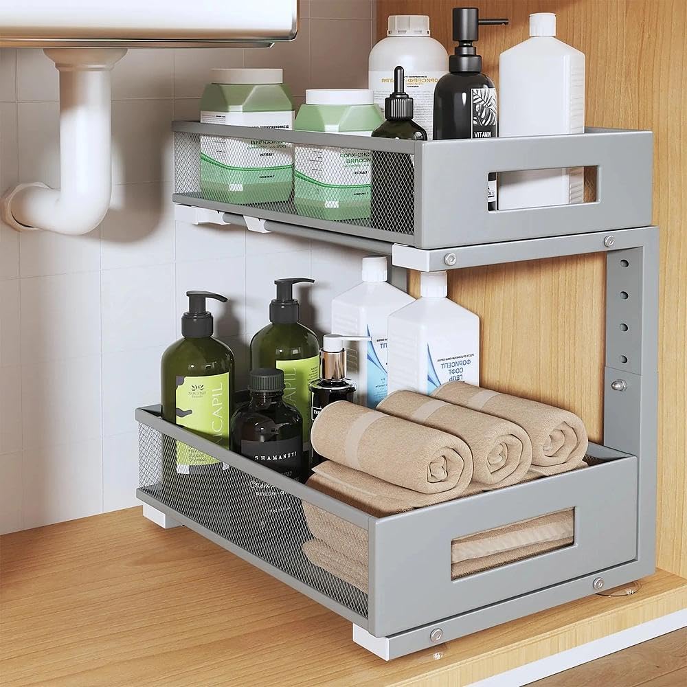 2-Tier Dual Pull Out Cabinet Organizer Drawers With Smooth Circular Rail, Large Capacity Metal Mesh Sliding Shelves For Bathroom& Kitchen Storage,Height Adjustable–White