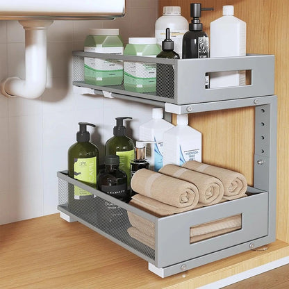 2-Tier Dual Pull Out Cabinet Organizer Drawers With Smooth Circular Rail, Large Capacity Metal Mesh Sliding Shelves For Bathroom& Kitchen Storage,Height Adjustable–White