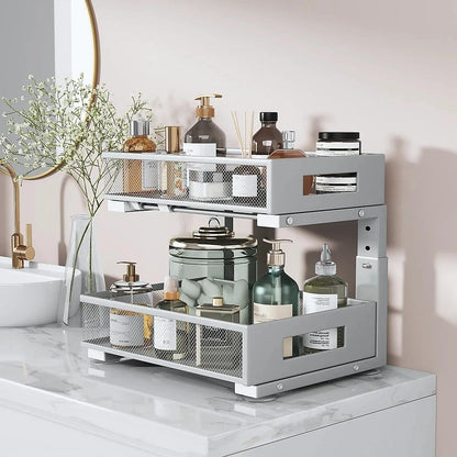 2-Tier Dual Pull Out Cabinet Organizer Drawers With Smooth Circular Rail, Large Capacity Metal Mesh Sliding Shelves For Bathroom& Kitchen Storage,Height Adjustable–White