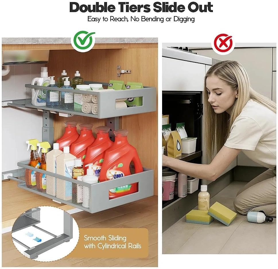 2-Tier Dual Pull Out Cabinet Organizer Drawers With Smooth Circular Rail, Large Capacity Metal Mesh Sliding Shelves For Bathroom& Kitchen Storage,Height Adjustable–White