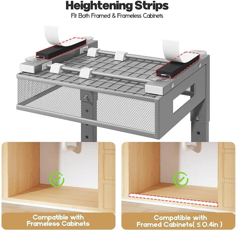 2-Tier Dual Pull Out Cabinet Organizer Drawers With Smooth Circular Rail, Large Capacity Metal Mesh Sliding Shelves For Bathroom& Kitchen Storage,Height Adjustable–White