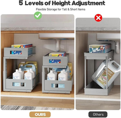 2-Tier Dual Pull Out Cabinet Organizer Drawers With Smooth Circular Rail, Large Capacity Metal Mesh Sliding Shelves For Bathroom& Kitchen Storage,Height Adjustable–White