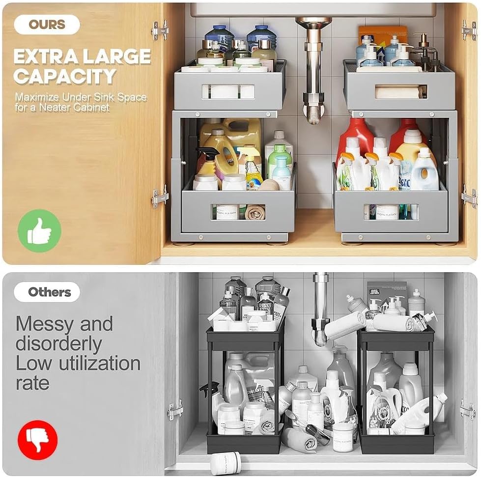 2-Tier Dual Pull Out Cabinet Organizer Drawers With Smooth Circular Rail, Large Capacity Metal Mesh Sliding Shelves For Bathroom& Kitchen Storage,Height Adjustable–White