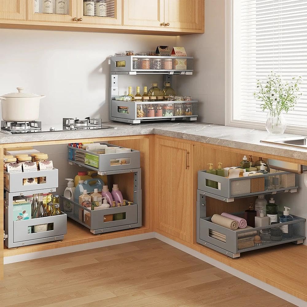 2-Tier Dual Pull Out Cabinet Organizer Drawers With Smooth Circular Rail, Large Capacity Metal Mesh Sliding Shelves For Bathroom& Kitchen Storage,Height Adjustable–White