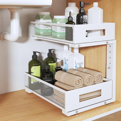 2-Tier Dual Pull Out Cabinet Organizer Drawers With Smooth Circular Rail, Large Capacity Metal Mesh Sliding Shelves For Bathroom& Kitchen Storage,Height Adjustable–White