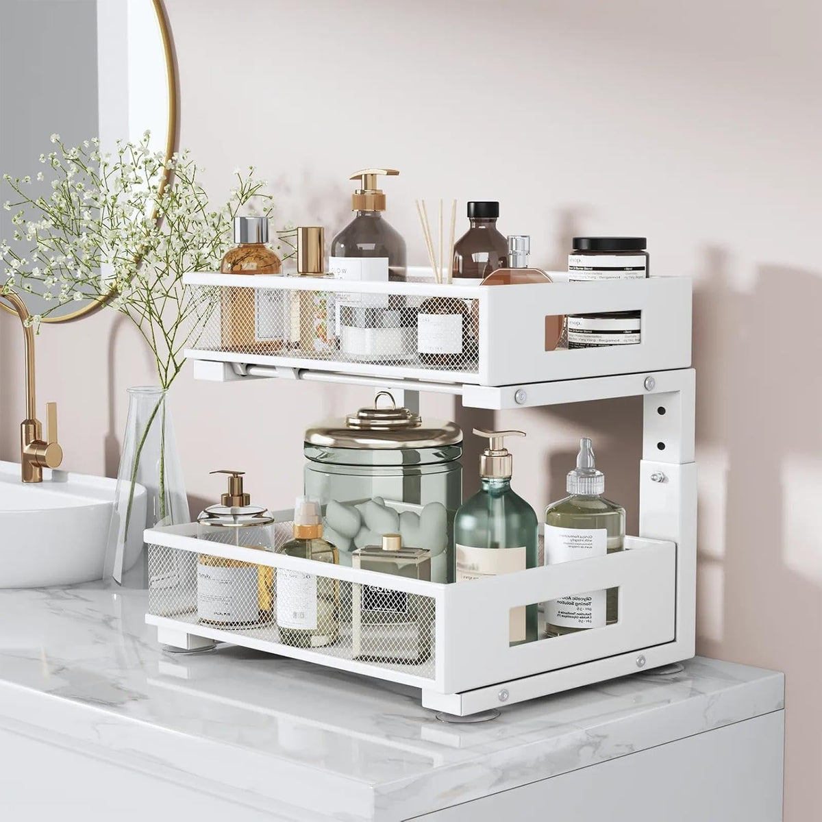 2-Tier Dual Pull Out Cabinet Organizer Drawers With Smooth Circular Rail, Large Capacity Metal Mesh Sliding Shelves For Bathroom& Kitchen Storage,Height Adjustable–White