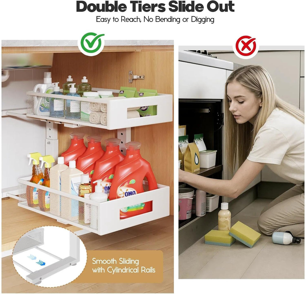 2-Tier Dual Pull Out Cabinet Organizer Drawers With Smooth Circular Rail, Large Capacity Metal Mesh Sliding Shelves For Bathroom& Kitchen Storage,Height Adjustable–White