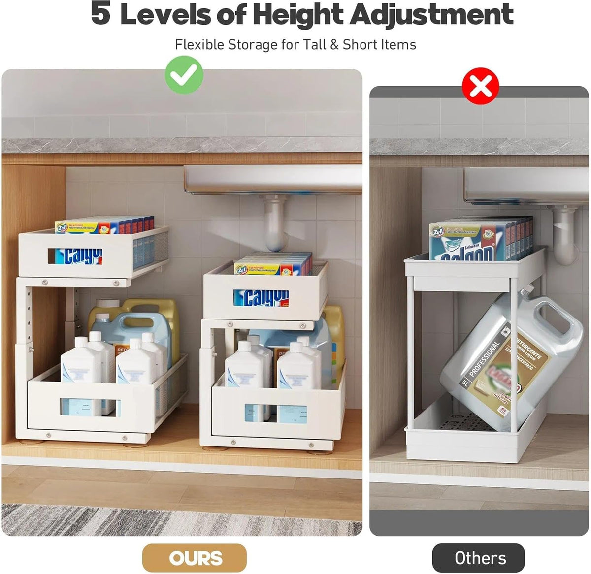 2-Tier Dual Pull Out Cabinet Organizer Drawers With Smooth Circular Rail, Large Capacity Metal Mesh Sliding Shelves For Bathroom& Kitchen Storage,Height Adjustable–White