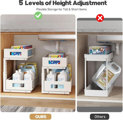 2-Tier Dual Pull Out Cabinet Organizer Drawers With Smooth Circular Rail, Large Capacity Metal Mesh Sliding Shelves For Bathroom& Kitchen Storage,Height Adjustable–White