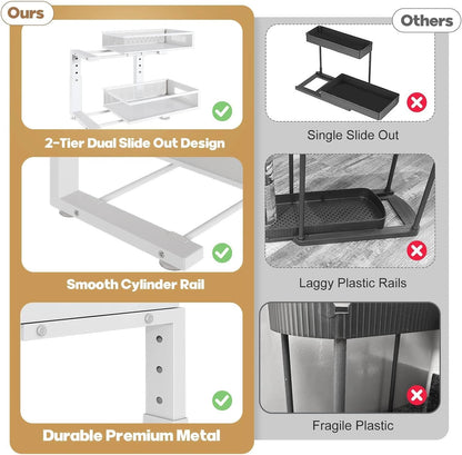 2-Tier Dual Pull Out Cabinet Organizer Drawers With Smooth Circular Rail, Large Capacity Metal Mesh Sliding Shelves For Bathroom& Kitchen Storage,Height Adjustable–White
