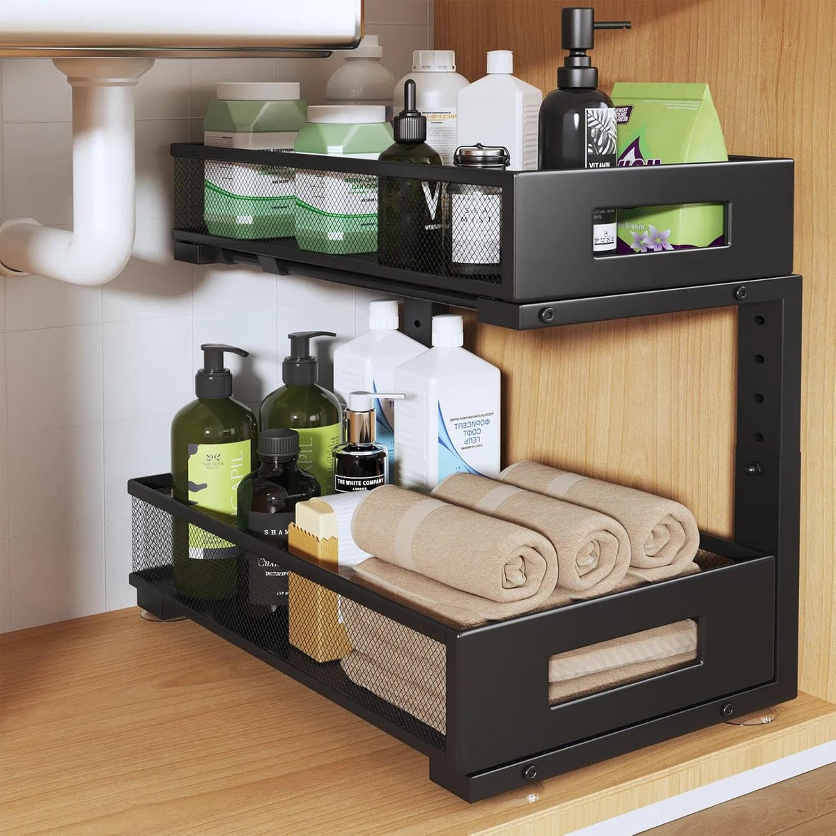 2-Tier Dual Pull Out Cabinet Organizer Drawers With Smooth Circular Rail, Large Capacity Metal Mesh Sliding Shelves For Bathroom& Kitchen Storage,Height Adjustable–White