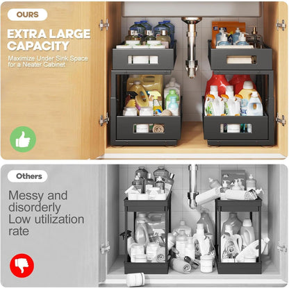 2-Tier Dual Pull Out Cabinet Organizer Drawers With Smooth Circular Rail, Large Capacity Metal Mesh Sliding Shelves For Bathroom& Kitchen Storage,Height Adjustable–White