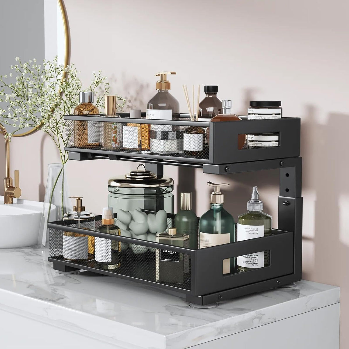 2-Tier Dual Pull Out Cabinet Organizer Drawers With Smooth Circular Rail, Large Capacity Metal Mesh Sliding Shelves For Bathroom& Kitchen Storage,Height Adjustable–White