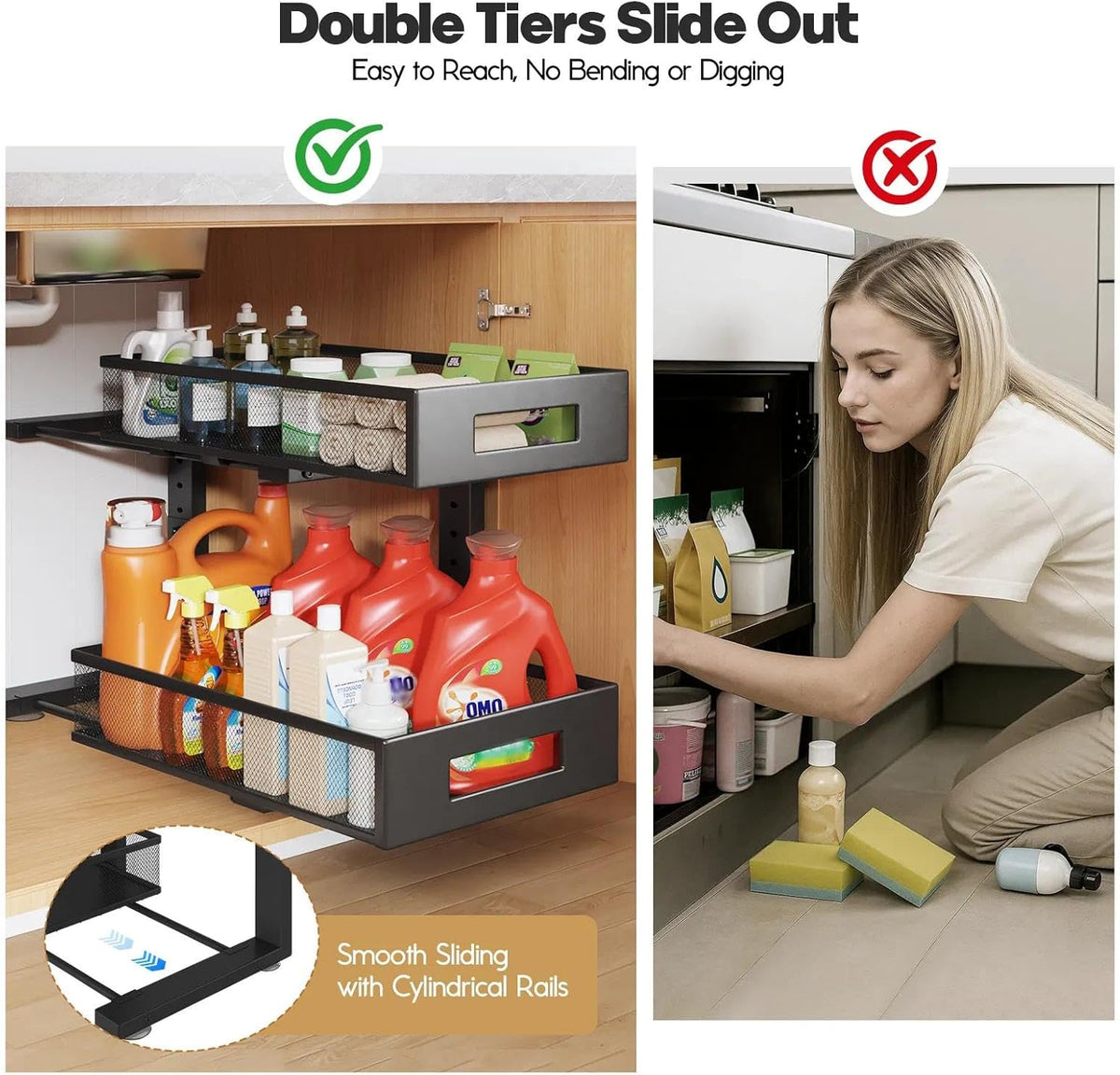 2-Tier Dual Pull Out Cabinet Organizer Drawers With Smooth Circular Rail, Large Capacity Metal Mesh Sliding Shelves For Bathroom& Kitchen Storage,Height Adjustable–White