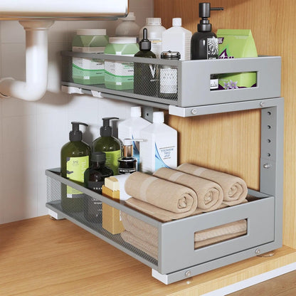 2-Tier Dual Pull Out Cabinet Organizer Drawers With Smooth Circular Rail, Large Capacity Metal Mesh Sliding Shelves For Bathroom& Kitchen Storage,Height Adjustable–White
