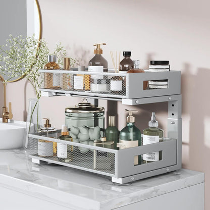 2-Tier Dual Pull Out Cabinet Organizer Drawers With Smooth Circular Rail, Large Capacity Metal Mesh Sliding Shelves For Bathroom& Kitchen Storage,Height Adjustable–White