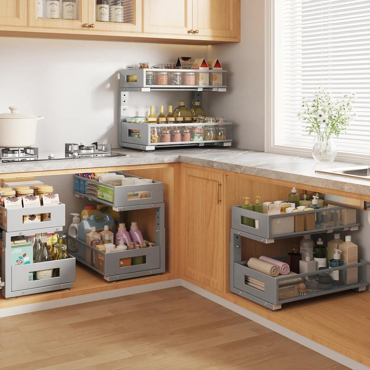 2-Tier Dual Pull Out Cabinet Organizer Drawers With Smooth Circular Rail, Large Capacity Metal Mesh Sliding Shelves For Bathroom& Kitchen Storage,Height Adjustable–White