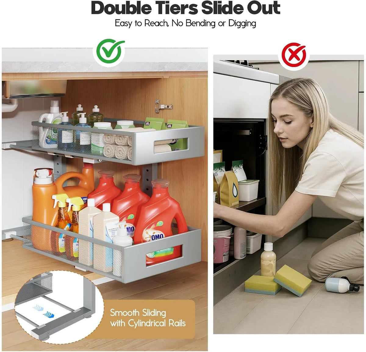 2-Tier Dual Pull Out Cabinet Organizer Drawers With Smooth Circular Rail, Large Capacity Metal Mesh Sliding Shelves For Bathroom& Kitchen Storage,Height Adjustable–White