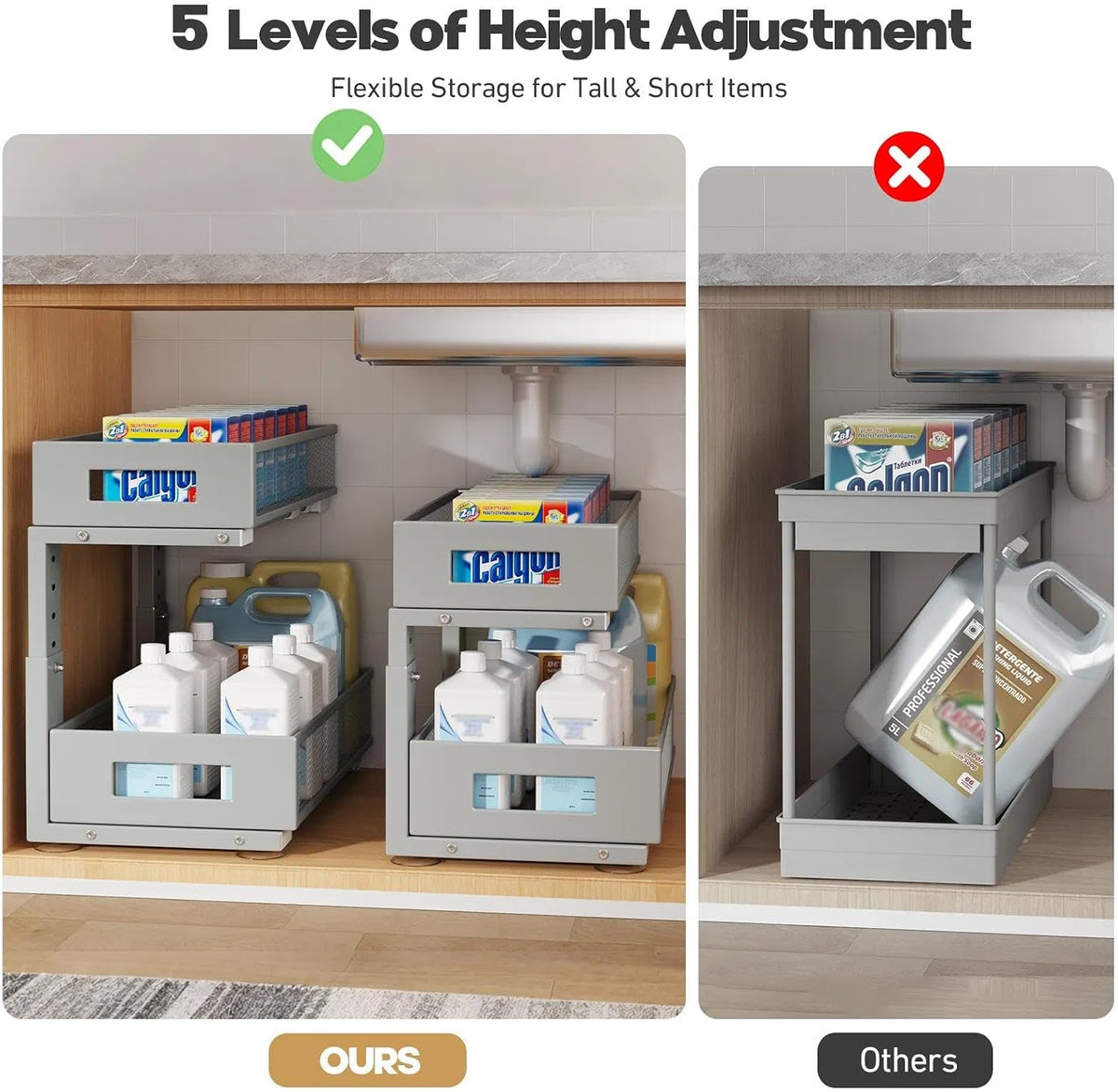 2-Tier Dual Pull Out Cabinet Organizer Drawers With Smooth Circular Rail, Large Capacity Metal Mesh Sliding Shelves For Bathroom& Kitchen Storage,Height Adjustable–White