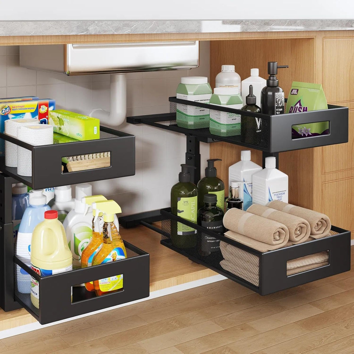 2-Tier Dual Pull Out Cabinet Organizer Drawers With Smooth Circular Rail, Large Capacity Metal Mesh Sliding Shelves For Bathroom& Kitchen Storage,Height Adjustable–White