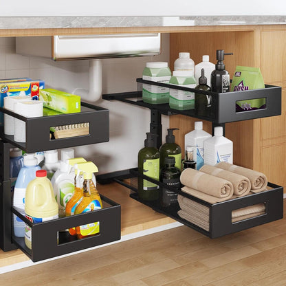 2-Tier Dual Pull Out Cabinet Organizer Drawers With Smooth Circular Rail, Large Capacity Metal Mesh Sliding Shelves For Bathroom& Kitchen Storage,Height Adjustable–White