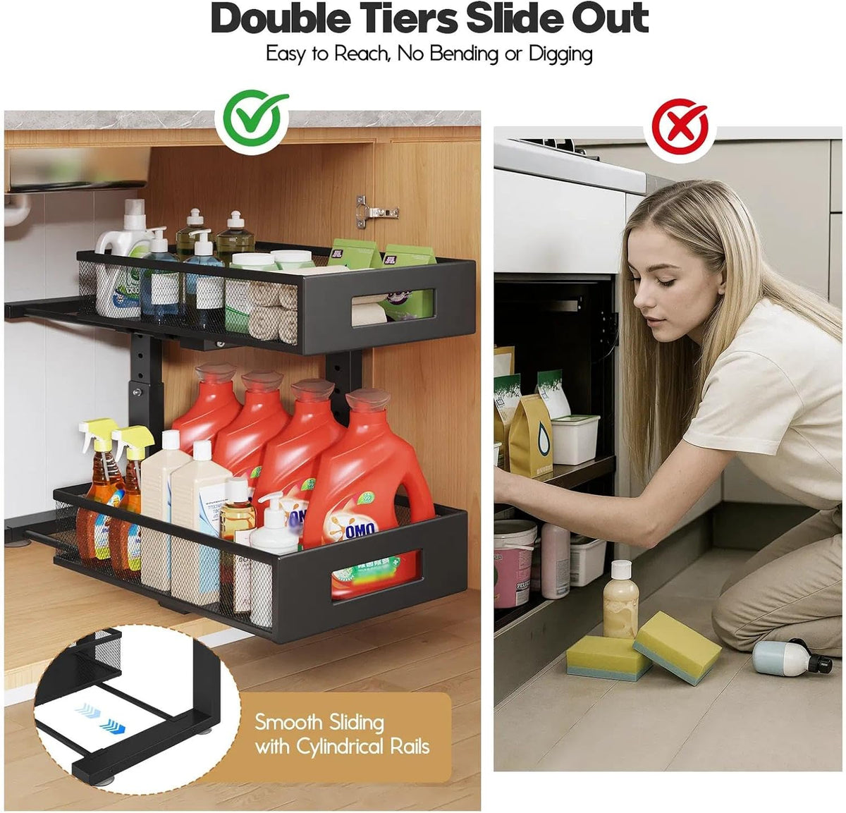 2-Tier Dual Pull Out Cabinet Organizer Drawers With Smooth Circular Rail, Large Capacity Metal Mesh Sliding Shelves For Bathroom& Kitchen Storage,Height Adjustable–White