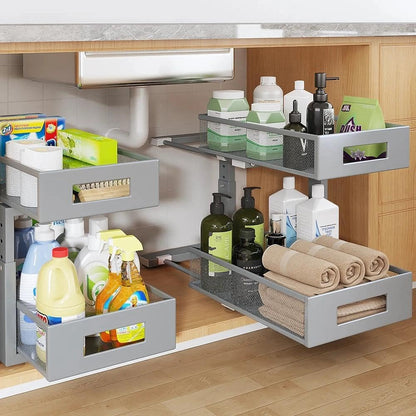 2-Tier Dual Pull Out Cabinet Organizer Drawers With Smooth Circular Rail, Large Capacity Metal Mesh Sliding Shelves For Bathroom& Kitchen Storage,Height Adjustable–White