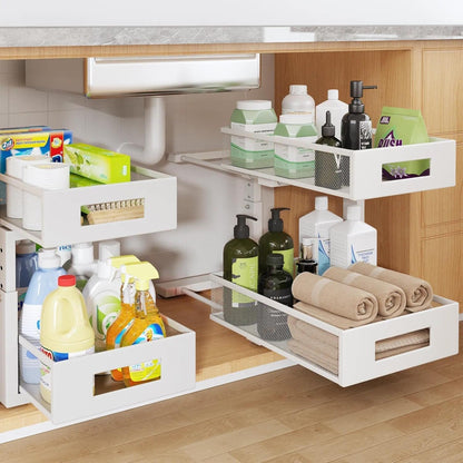 2-Tier Dual Pull Out Cabinet Organizer Drawers With Smooth Circular Rail, Large Capacity Metal Mesh Sliding Shelves For Bathroom& Kitchen Storage,Height Adjustable–White