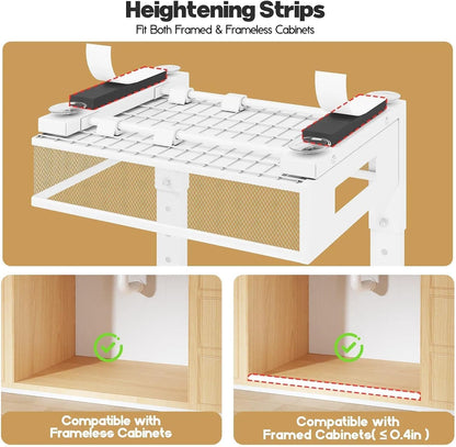 2-Tier Dual Pull Out Cabinet Organizer Drawers With Smooth Circular Rail, Large Capacity Metal Mesh Sliding Shelves For Bathroom& Kitchen Storage,Height Adjustable–White