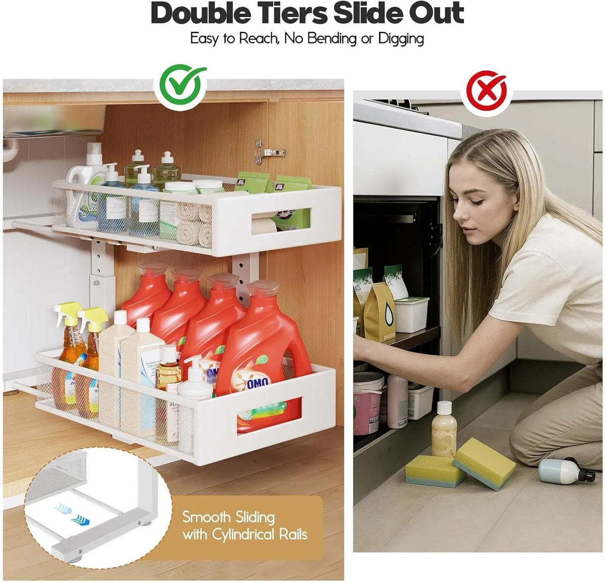 2-Tier Dual Pull Out Cabinet Organizer Drawers With Smooth Circular Rail, Large Capacity Metal Mesh Sliding Shelves For Bathroom& Kitchen Storage,Height Adjustable–White