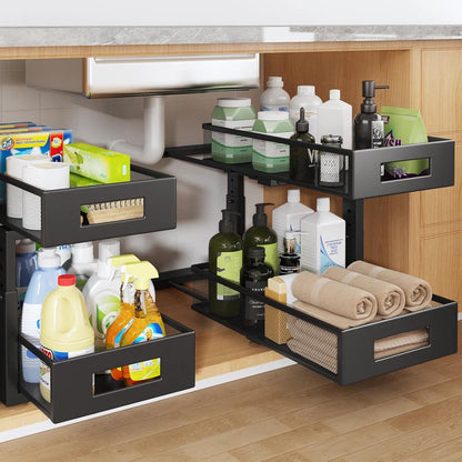 2-Tier Dual Pull Out Cabinet Organizer Drawers With Smooth Circular Rail, Large Capacity Metal Mesh Sliding Shelves For Bathroom& Kitchen Storage,Height Adjustable–White