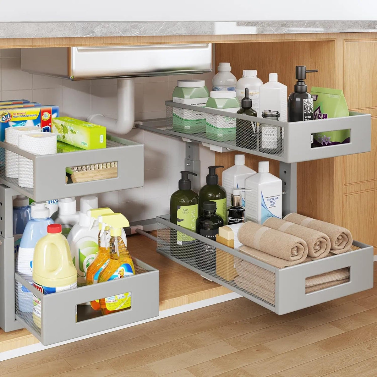 2-Tier Dual Pull Out Cabinet Organizer Drawers With Smooth Circular Rail, Large Capacity Metal Mesh Sliding Shelves For Bathroom& Kitchen Storage,Height Adjustable–White
