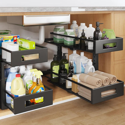 2-Tier Dual Pull Out Cabinet Organizer Drawers With Smooth Circular Rail, Large Capacity Metal Mesh Sliding Shelves For Bathroom& Kitchen Storage,Height Adjustable–White