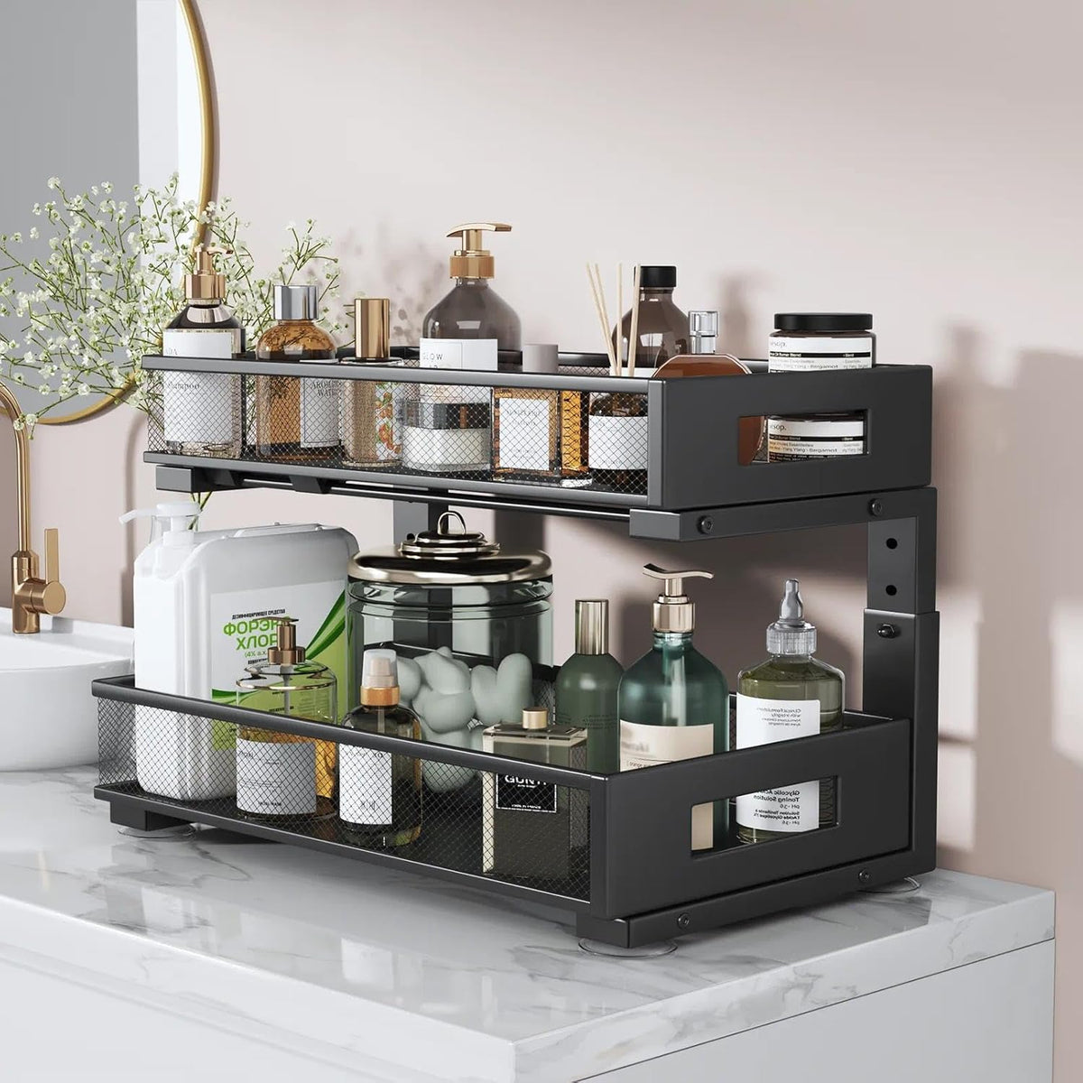 2-Tier Dual Pull Out Cabinet Organizer Drawers With Smooth Circular Rail, Large Capacity Metal Mesh Sliding Shelves For Bathroom& Kitchen Storage,Height Adjustable–White