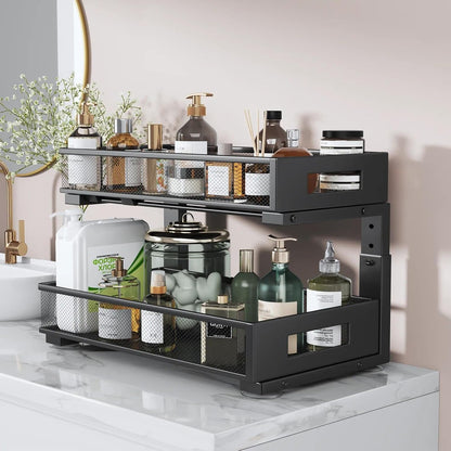 2-Tier Dual Pull Out Cabinet Organizer Drawers With Smooth Circular Rail, Large Capacity Metal Mesh Sliding Shelves For Bathroom& Kitchen Storage,Height Adjustable–White