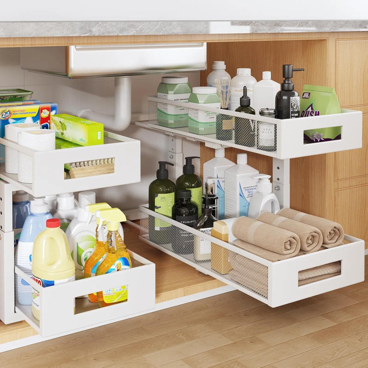 2-Tier Dual Pull Out Cabinet Organizer Drawers With Smooth Circular Rail, Large Capacity Metal Mesh Sliding Shelves For Bathroom& Kitchen Storage,Height Adjustable–White