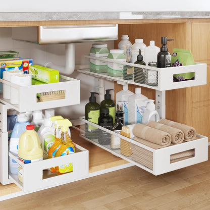 2-Tier Dual Pull Out Cabinet Organizer Drawers With Smooth Circular Rail, Large Capacity Metal Mesh Sliding Shelves For Bathroom& Kitchen Storage,Height Adjustable–White