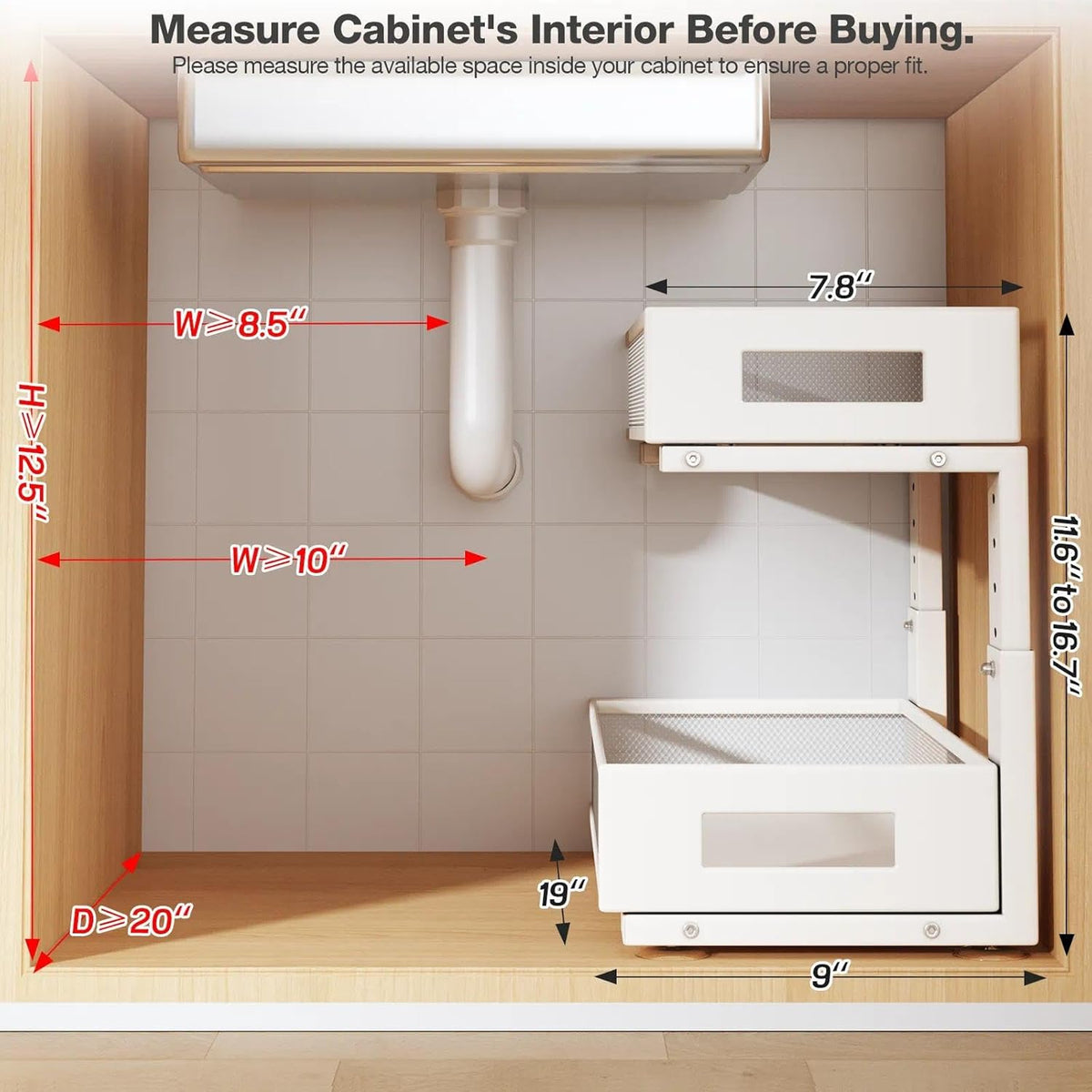 2-Tier Dual Pull Out Cabinet Organizer Drawers With Smooth Circular Rail, Large Capacity Metal Mesh Sliding Shelves For Bathroom& Kitchen Storage,Height Adjustable–White