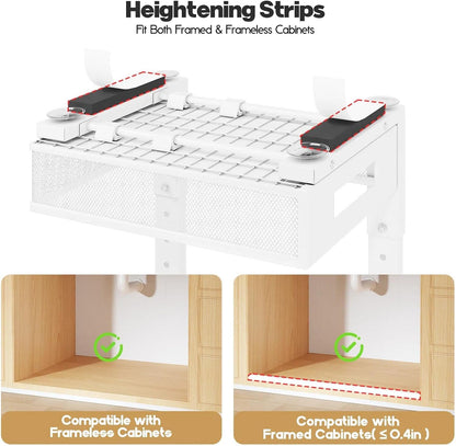 2-Tier Dual Pull Out Cabinet Organizer Drawers With Smooth Circular Rail, Large Capacity Metal Mesh Sliding Shelves For Bathroom& Kitchen Storage,Height Adjustable–White