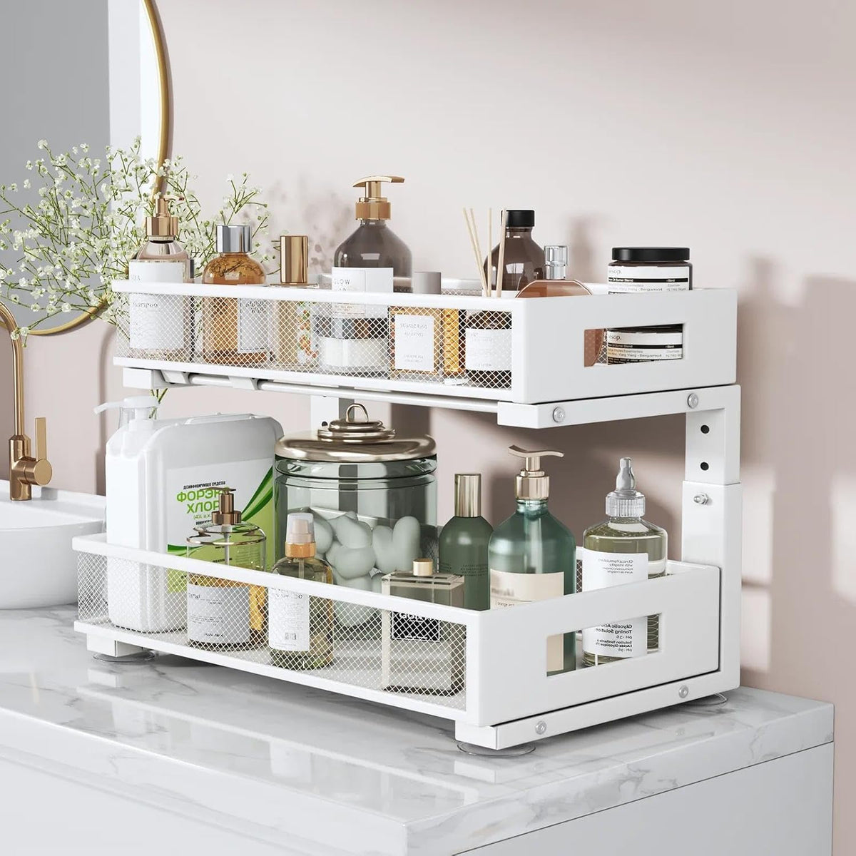 2-Tier Dual Pull Out Cabinet Organizer Drawers With Smooth Circular Rail, Large Capacity Metal Mesh Sliding Shelves For Bathroom& Kitchen Storage,Height Adjustable–White