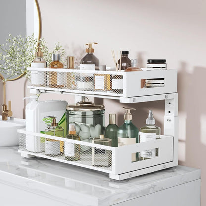 2-Tier Dual Pull Out Cabinet Organizer Drawers With Smooth Circular Rail, Large Capacity Metal Mesh Sliding Shelves For Bathroom& Kitchen Storage,Height Adjustable–White