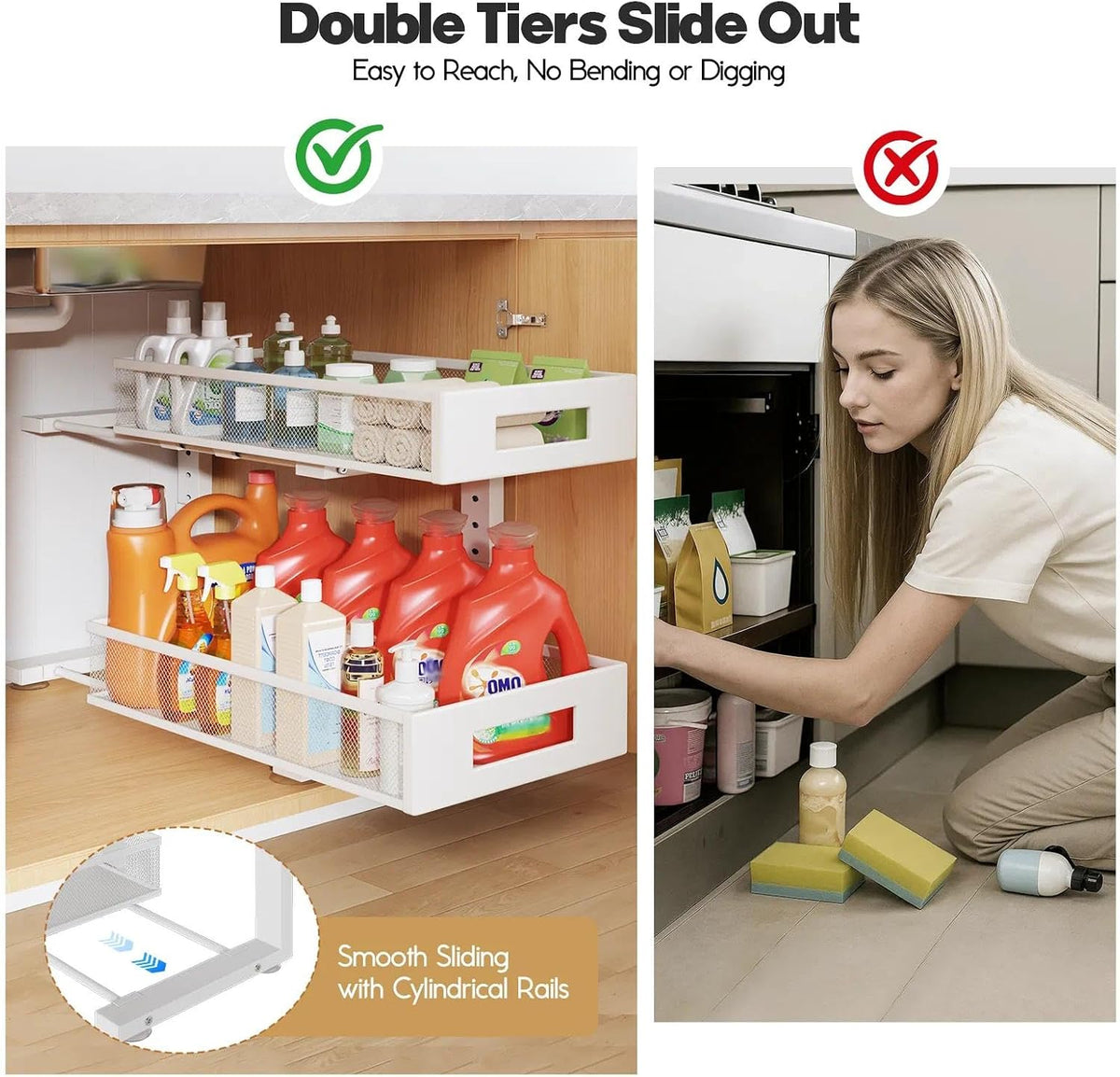 2-Tier Dual Pull Out Cabinet Organizer Drawers With Smooth Circular Rail, Large Capacity Metal Mesh Sliding Shelves For Bathroom& Kitchen Storage,Height Adjustable–White